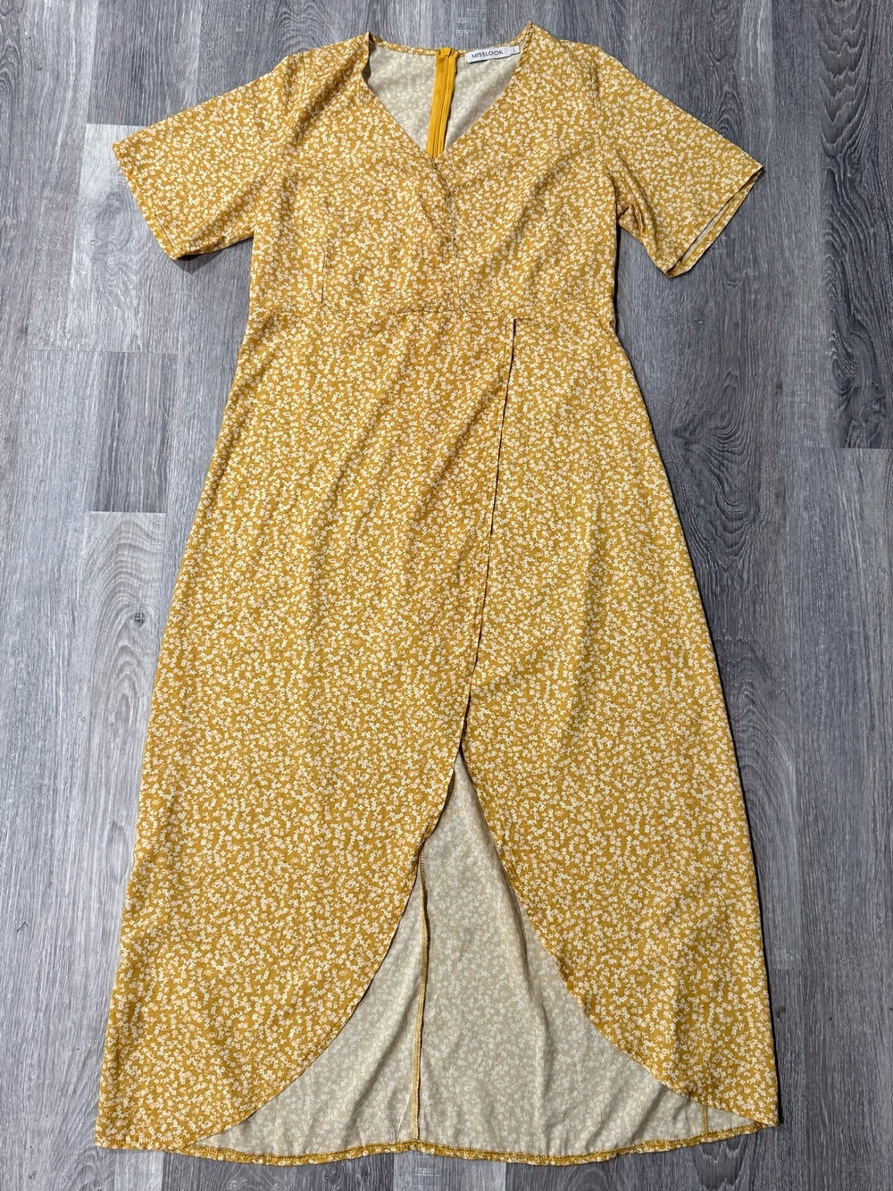 Mustard floral midi dress with curved front split and back zipper L